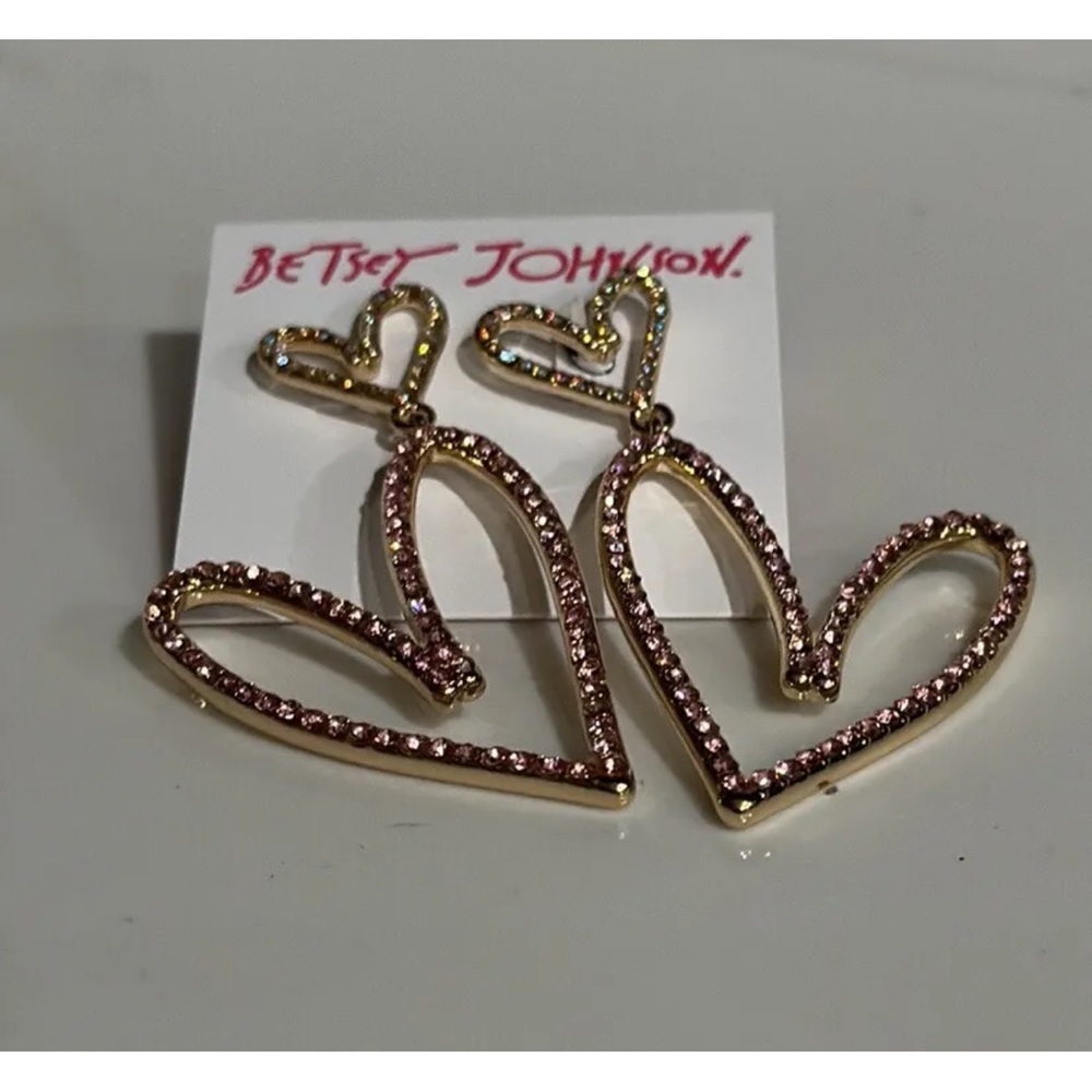 Betsey Johnson XOXO Pink Pave Heart Drop Earrings